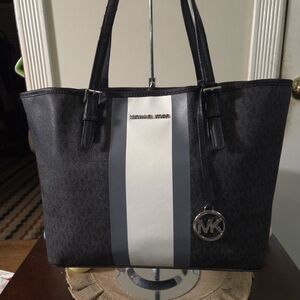 EUC Michael Kors Black Monogram Tote with Silvertone Hardware
